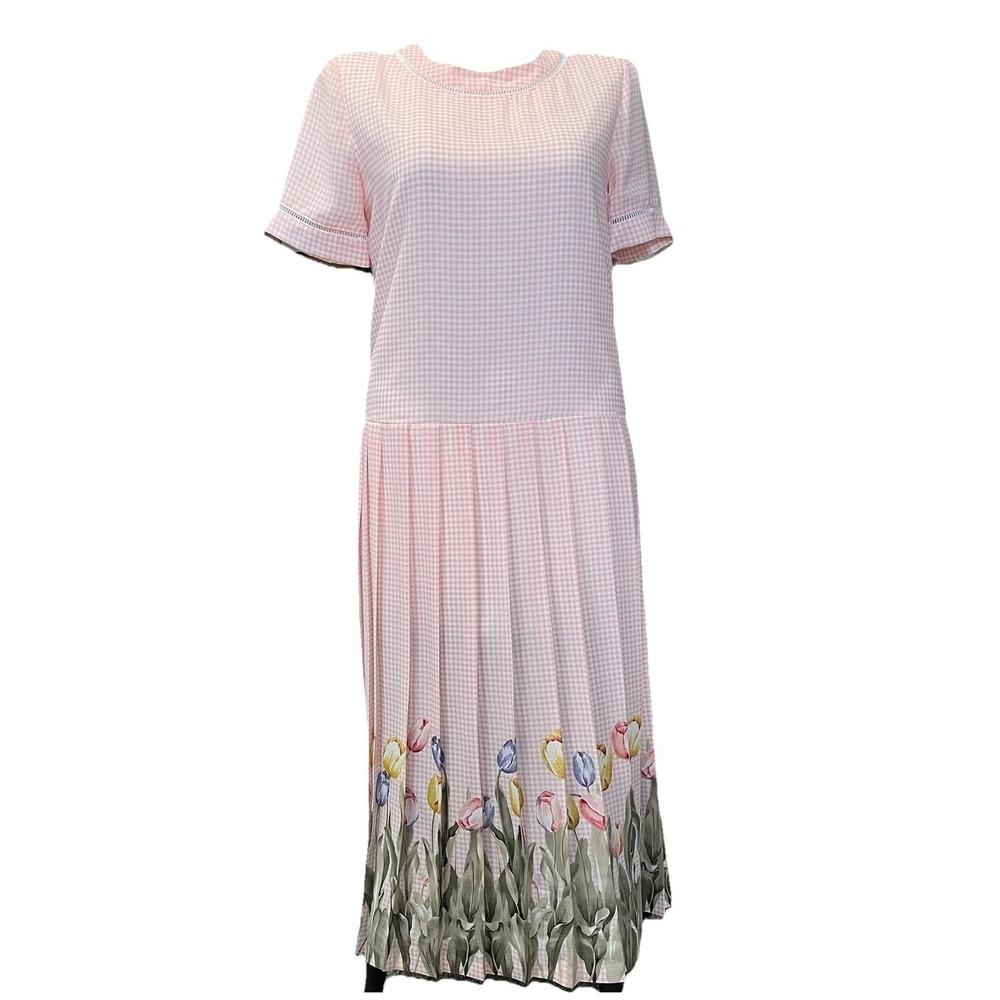 VTG Pink Gingham Floral‎ Pleated Maxi Dress 12 Modest Easter Garden Party USA